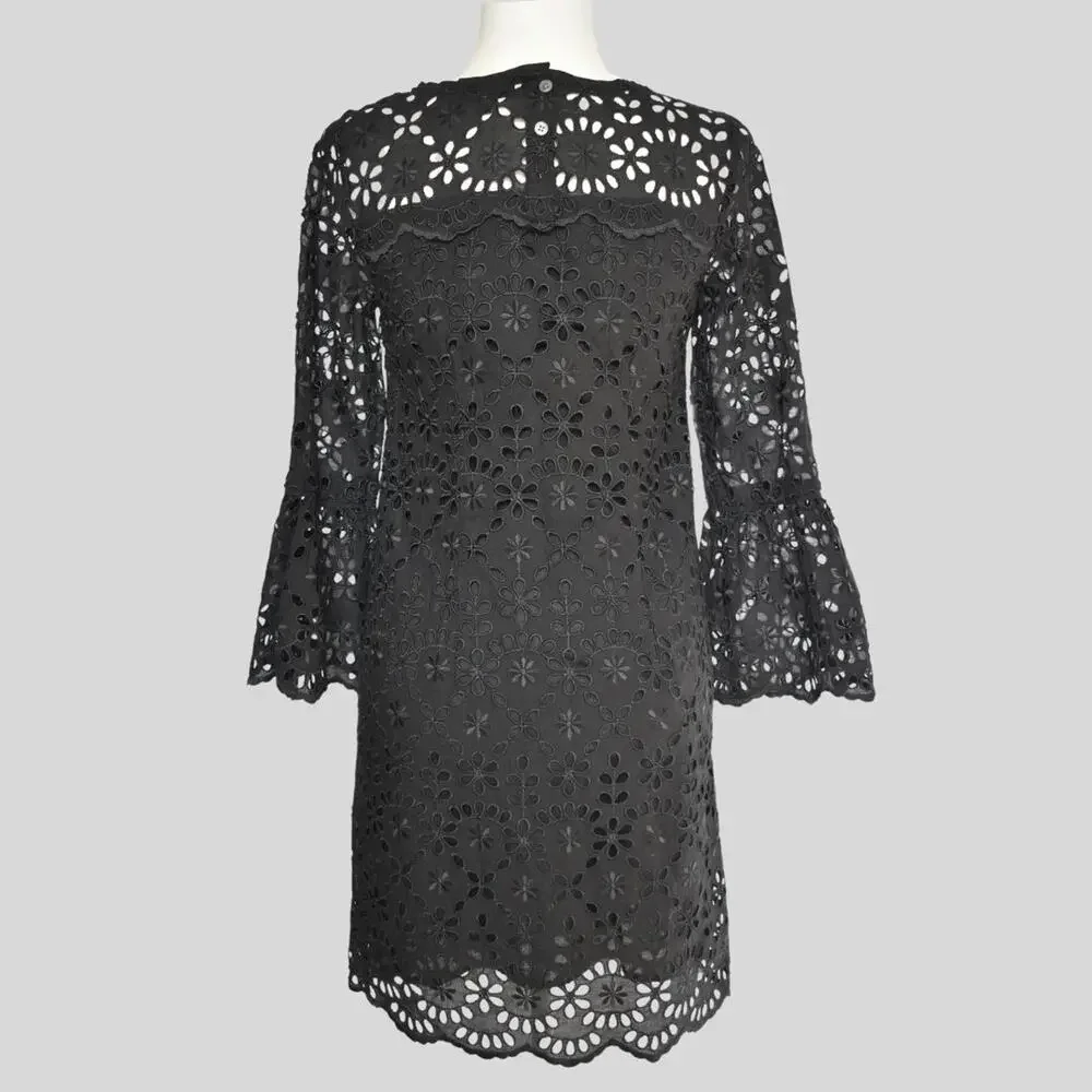 J.Crew Embroidered Eyelet Bell Sleeve Shift Dress Black 00 Mini Scallop NWT